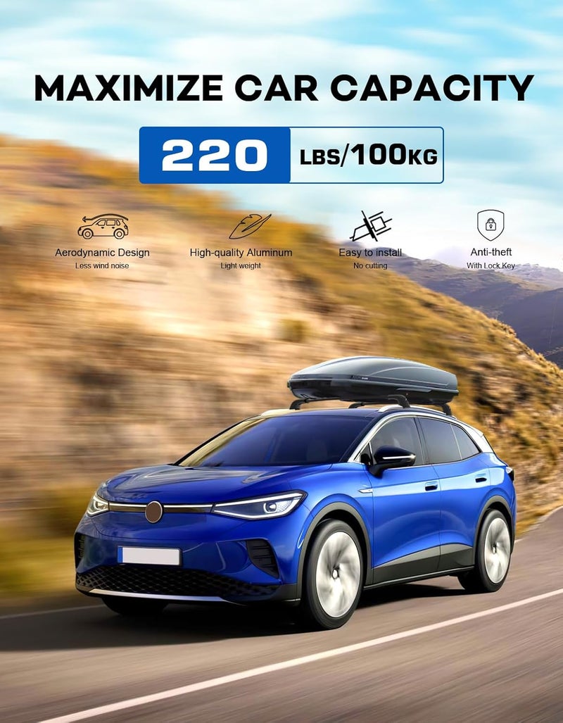 wonderdriver Roof Rack Cross Bars 220lbs Compatible with Volkswagen VW ID4 ID.4 2021-2026, Lockable Heavy Duty Aluminum Roof Rails Crossbars Cargo Canoe Black Rooftop Cargo Carrier. - Image 3